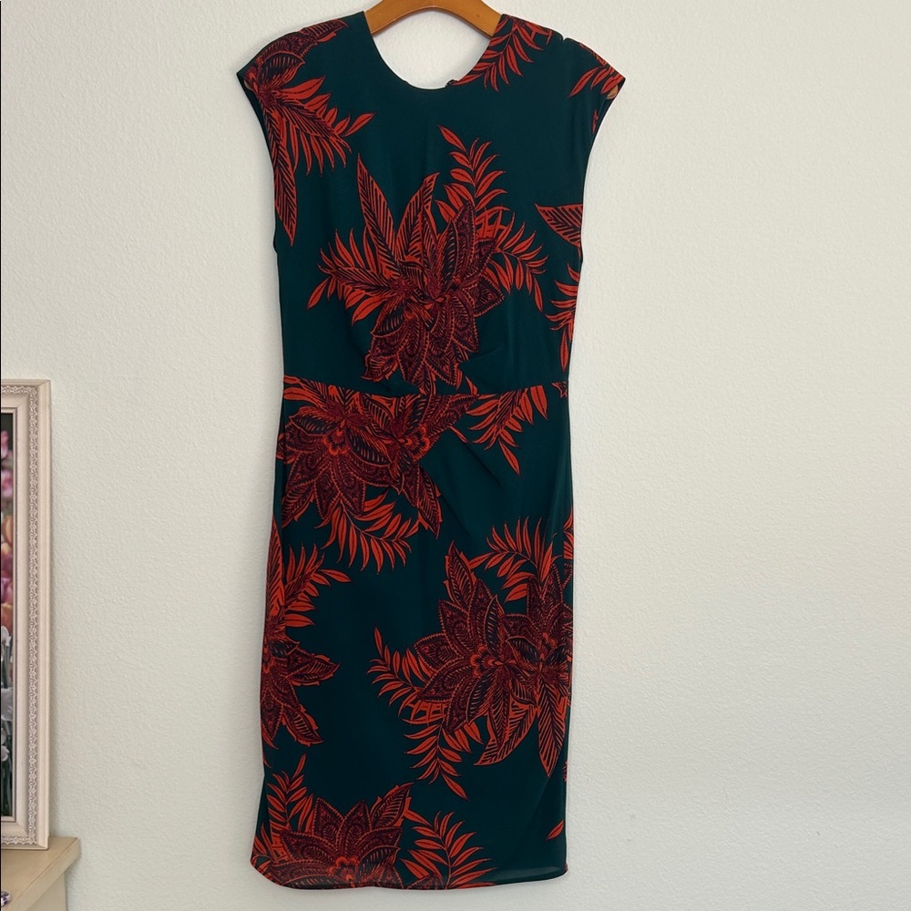 Whistles 85% Silk Floral Sheath Dress Teal Red Back Zip Size 8
